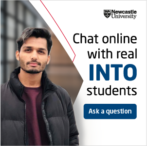 Image of student with text "Chat online with real INTO students'