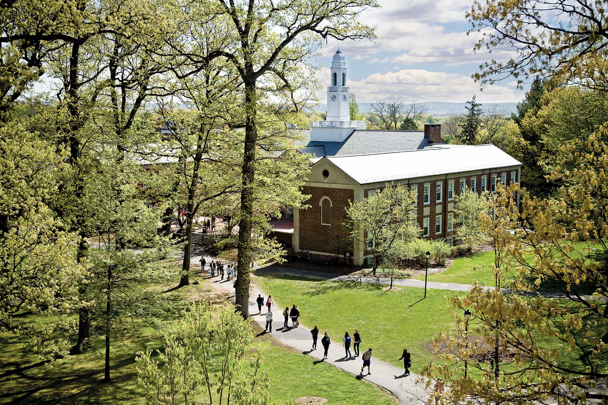 Drew students walking on campus in spring