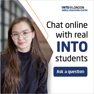 Image of student with text 'chat online with real INTO students'