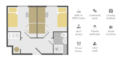 Floor plan of a shared studio at INTO Newcastle student residences