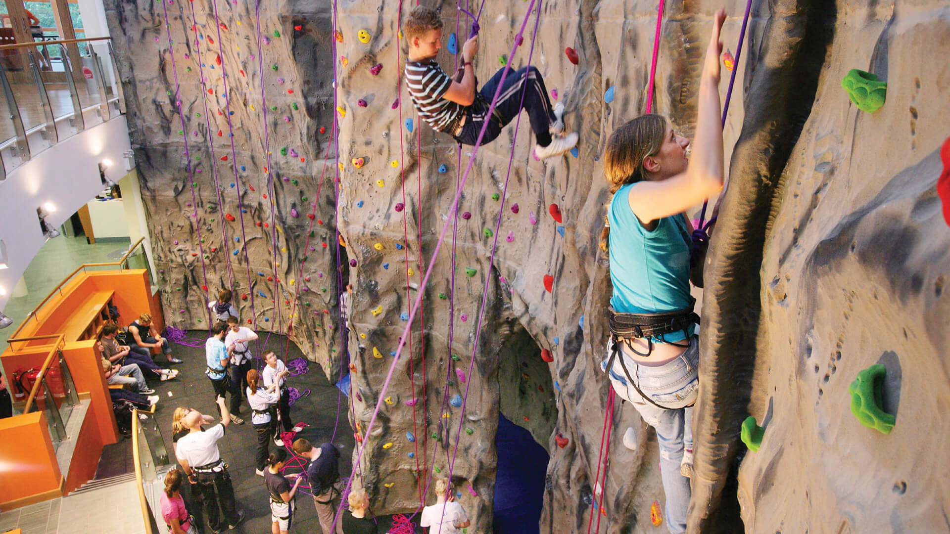 Students using the on-campus climbing wall at Queen's University Belfast