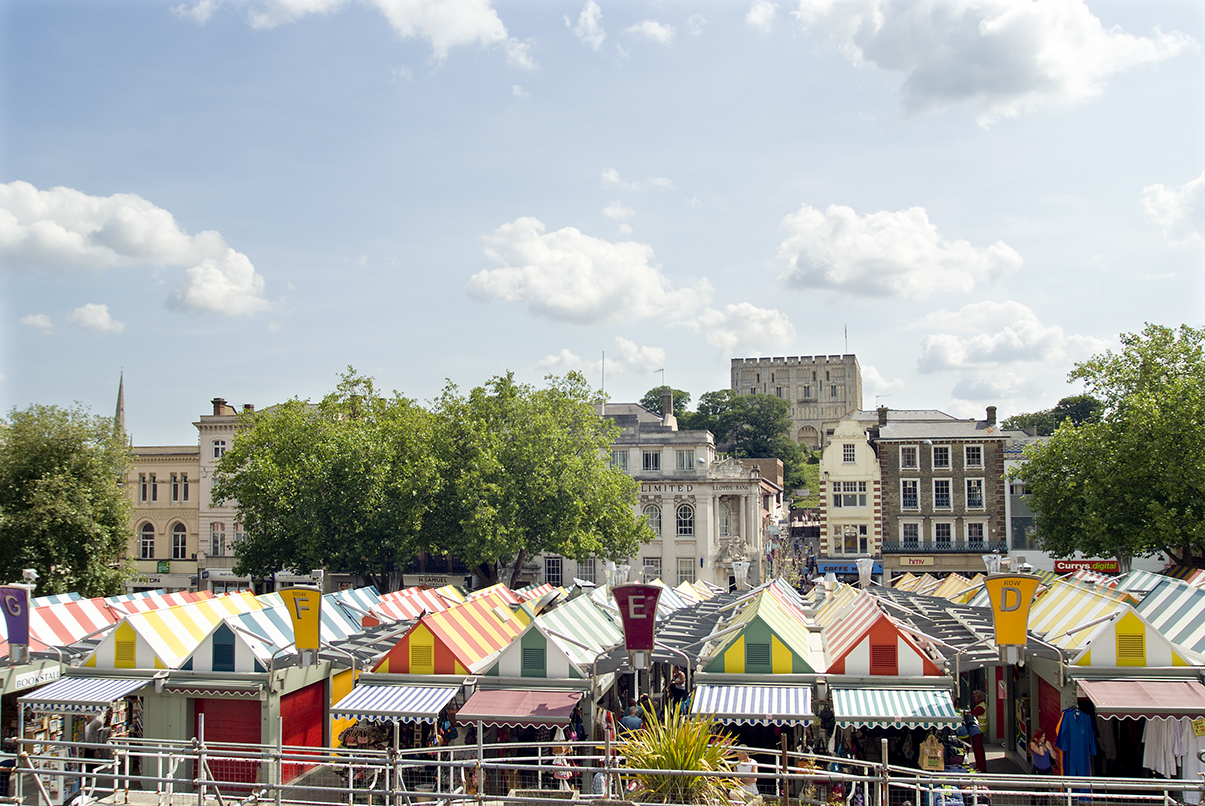 Norwich market and view to the castle