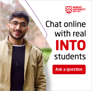 Image of student with text 'chat online with real INTO students'