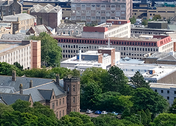 Arial view of Dundee university building and skyline 