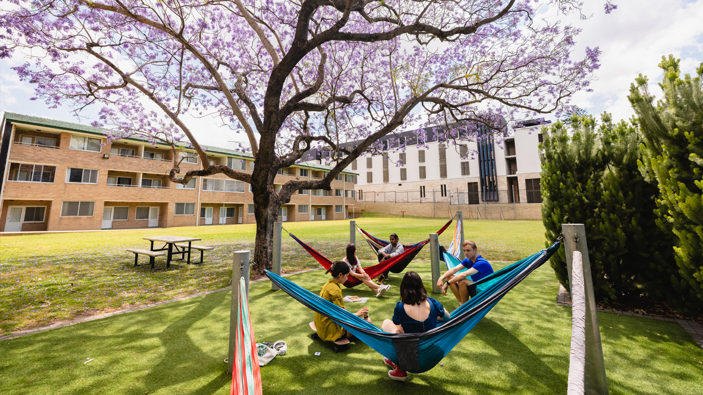 UWA Residential Colleges - Students in hammocks outside St Thomas Moore