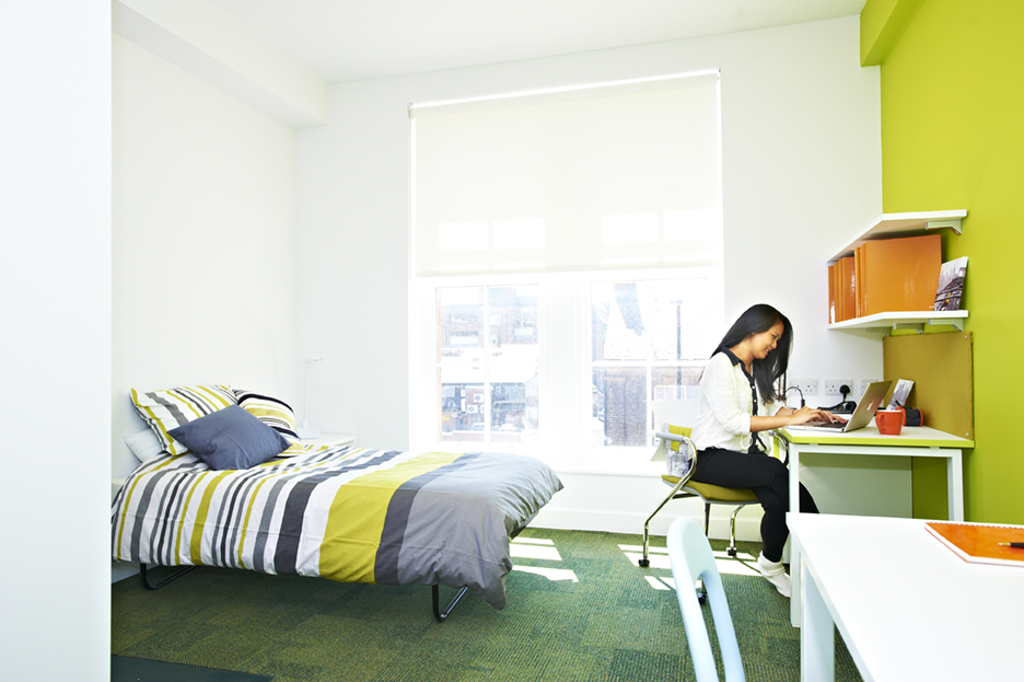 A student in a single studio room in INTO Bernicia Halls student residences